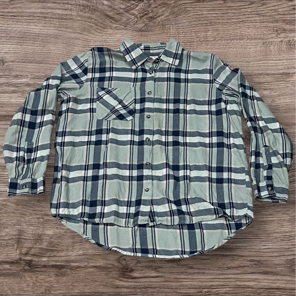 Magellan Outdoors Shirt Womens XL Navy Aqua Plaid Boyfriend Fit Willow Creek